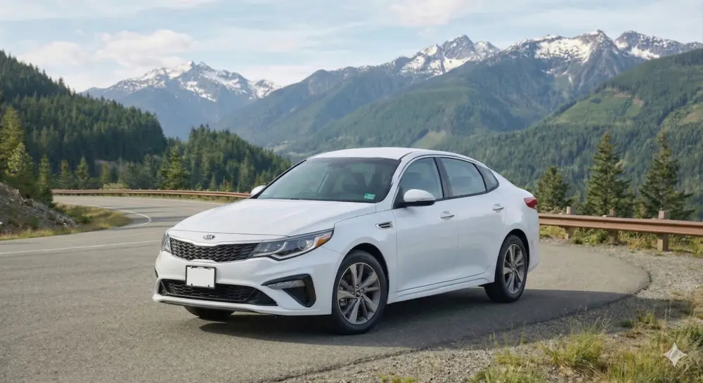 Economy sedan on a New England road, the everyday tier for car rental in Windham, NH