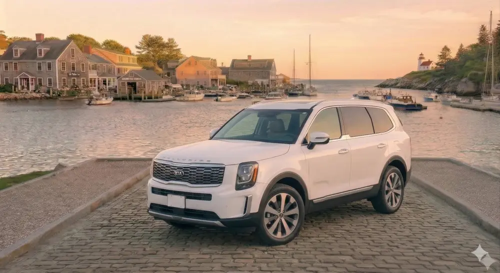 White SUV parked in a New England harbor village, the SUV tier for car rental in Windham, NH